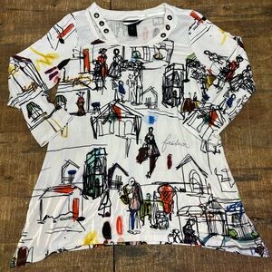 Ali Miles Women’s Size S Rayon Tunic Cityscape Graphic Print Sharkbite Hem